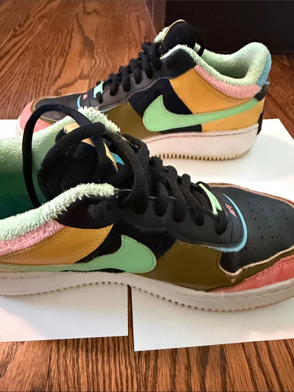 Nike Air Force 1 Multi-Color Low-Top Sneakers in Coral Pink, Mint, & Yellow